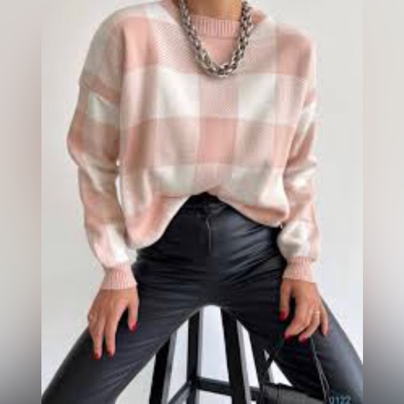Zesica Boxy Checker Board Sweater NEW Womens Size XL Mauve Pink Light Academia - Picture 5 of 11